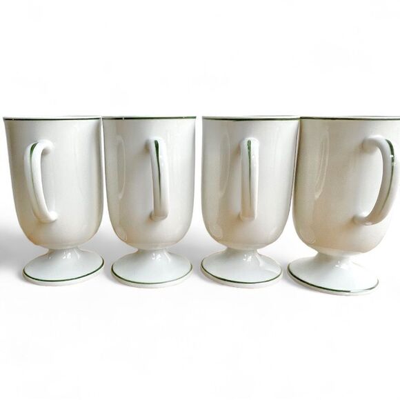 Vintage Irish Coffee White Shamrock Green Trim Footed Ceramic Mugs Set of 4 - Picture 3 of 16